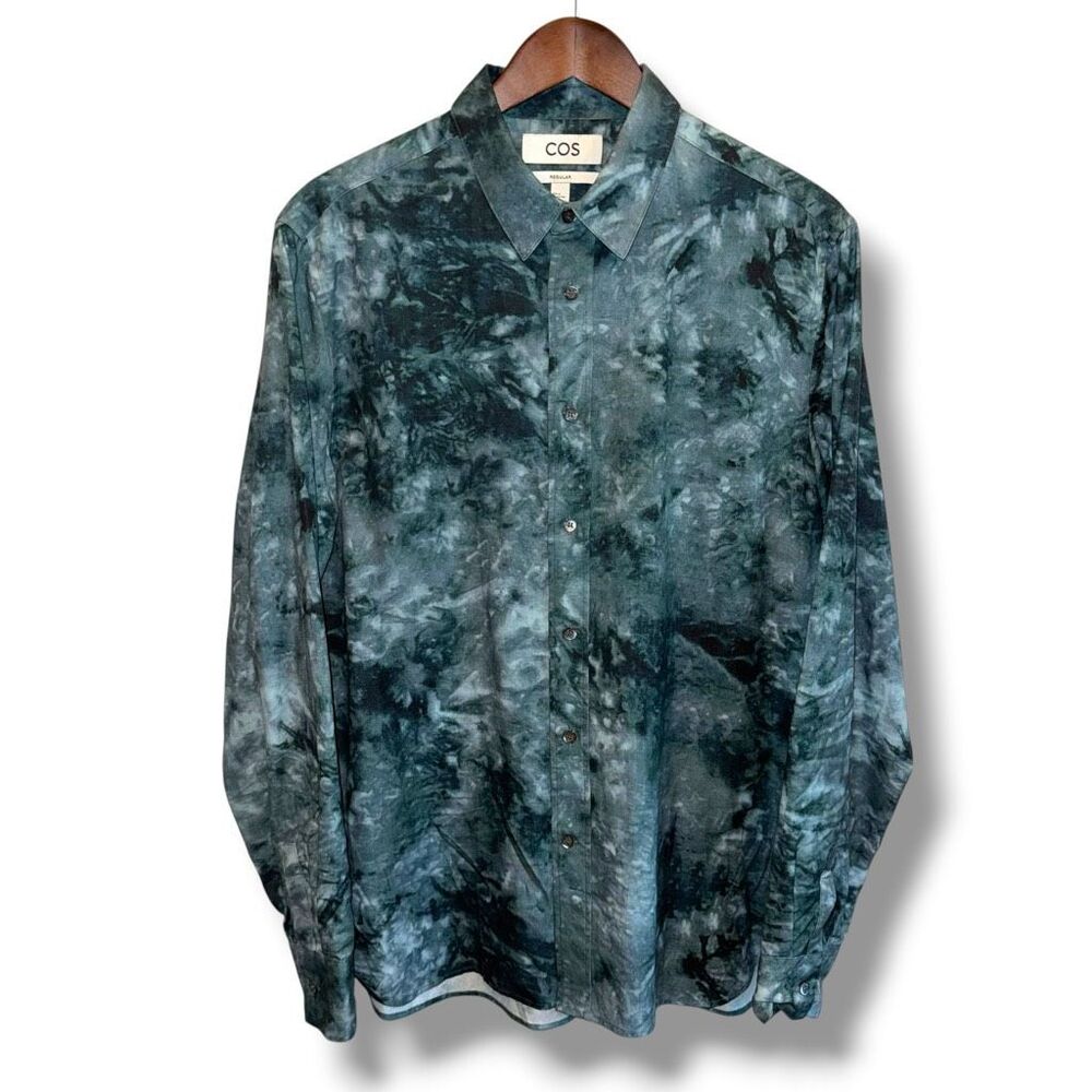 COS Linen Blend Regular Fit Button Up Shirt Sz M 40 in Green Tie-Die